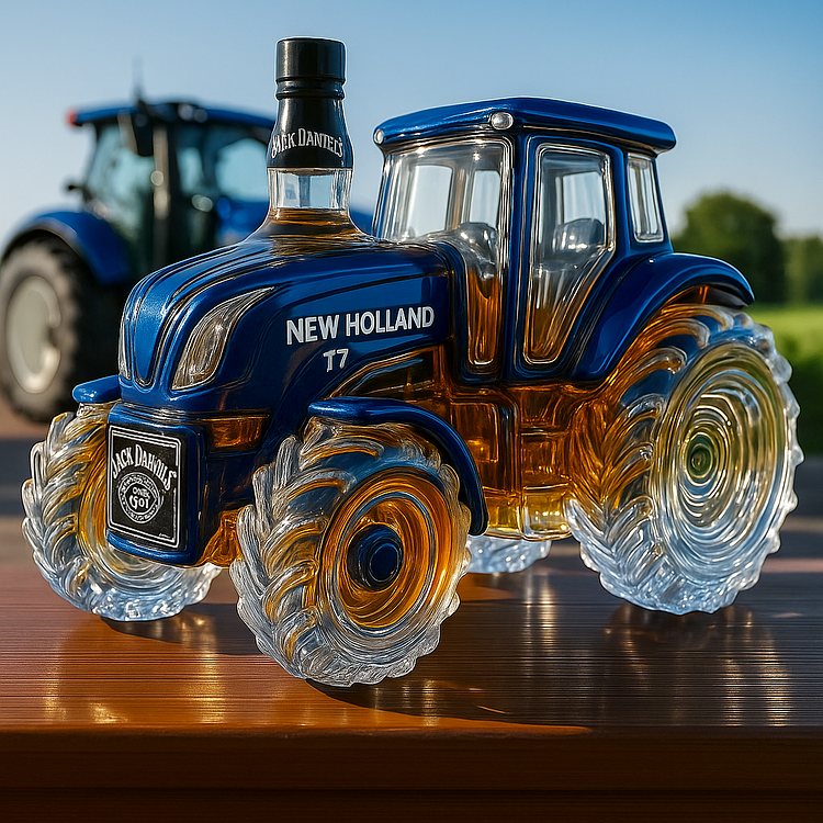 Klassische Whiskyflasche in Form eines New Holland T7 Traktors