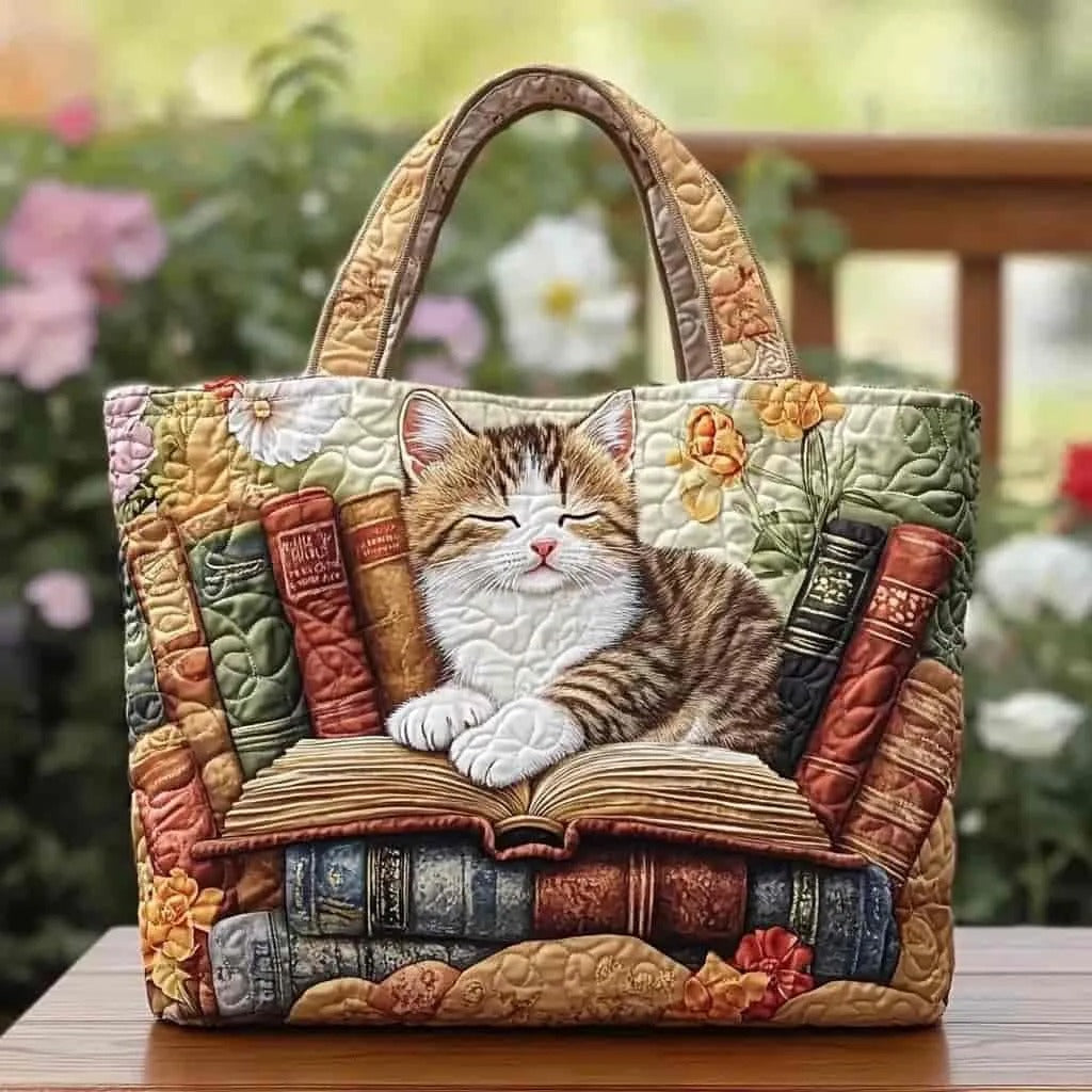HANDGEMACHTE TASCHE - SCHLAFENDER KATZE MIT BÜCHERN