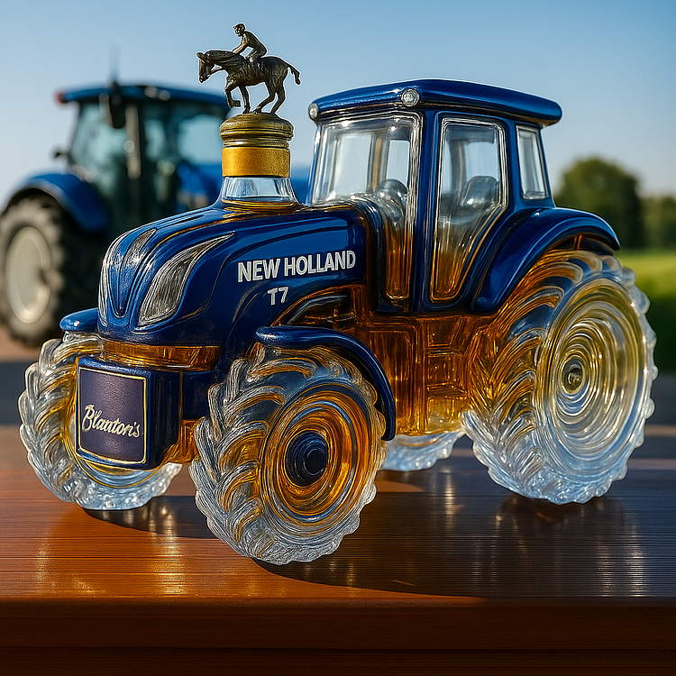 Klassische Whiskyflasche in Form eines New Holland T7 Traktors