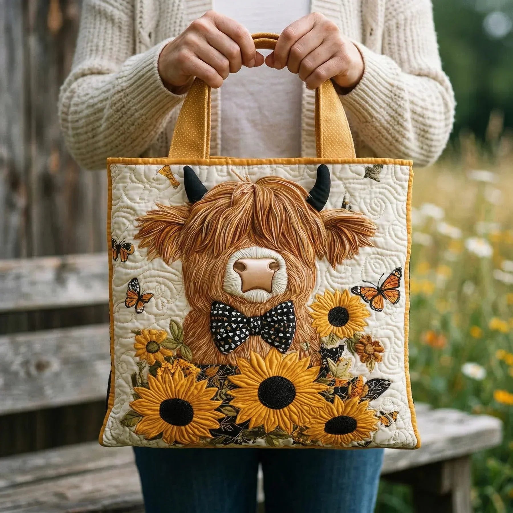 Gepolsterte Tasche - Highland-Rinder mit Sonnenblumen