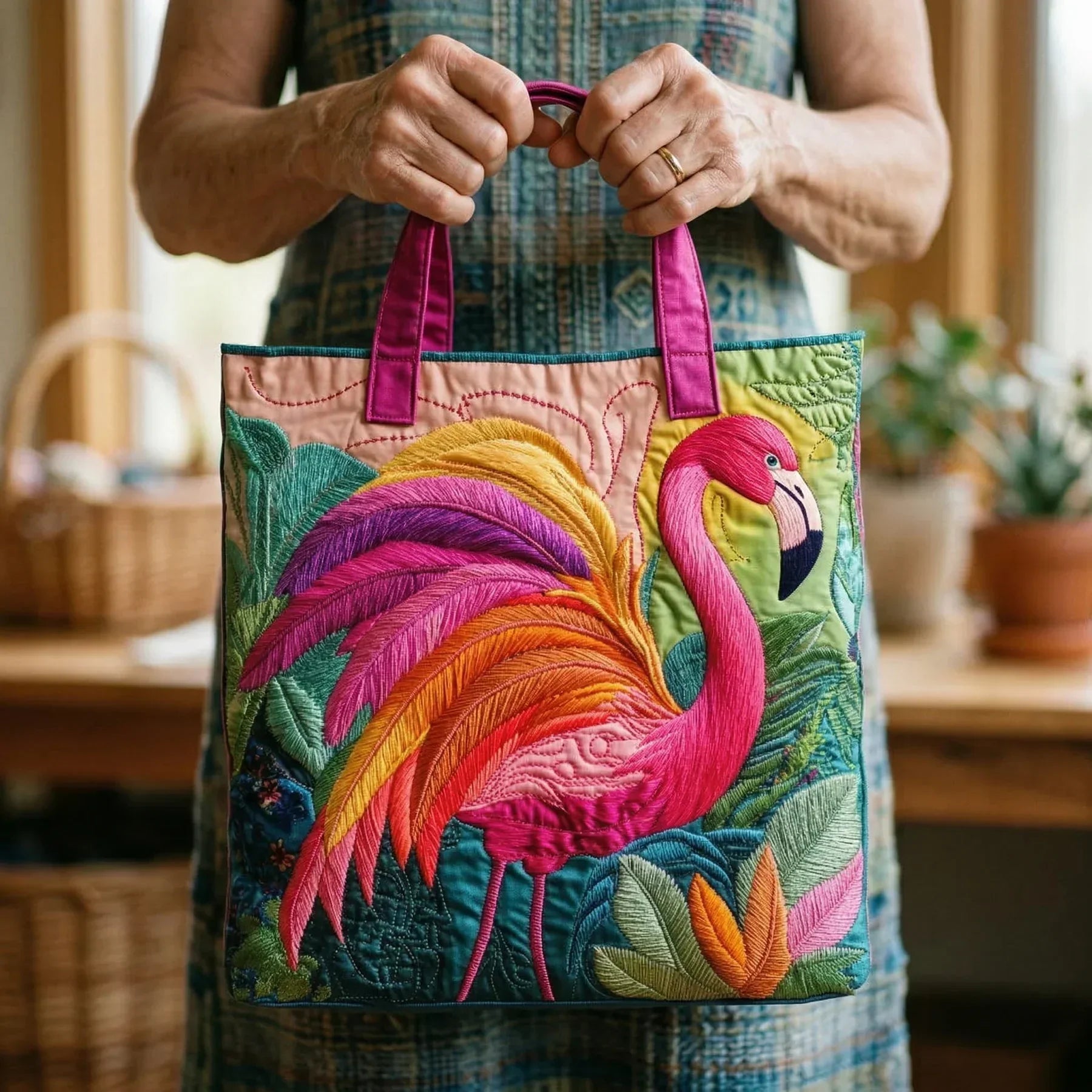 Gestepptes Tote Bag - Regenbogen Flamingo