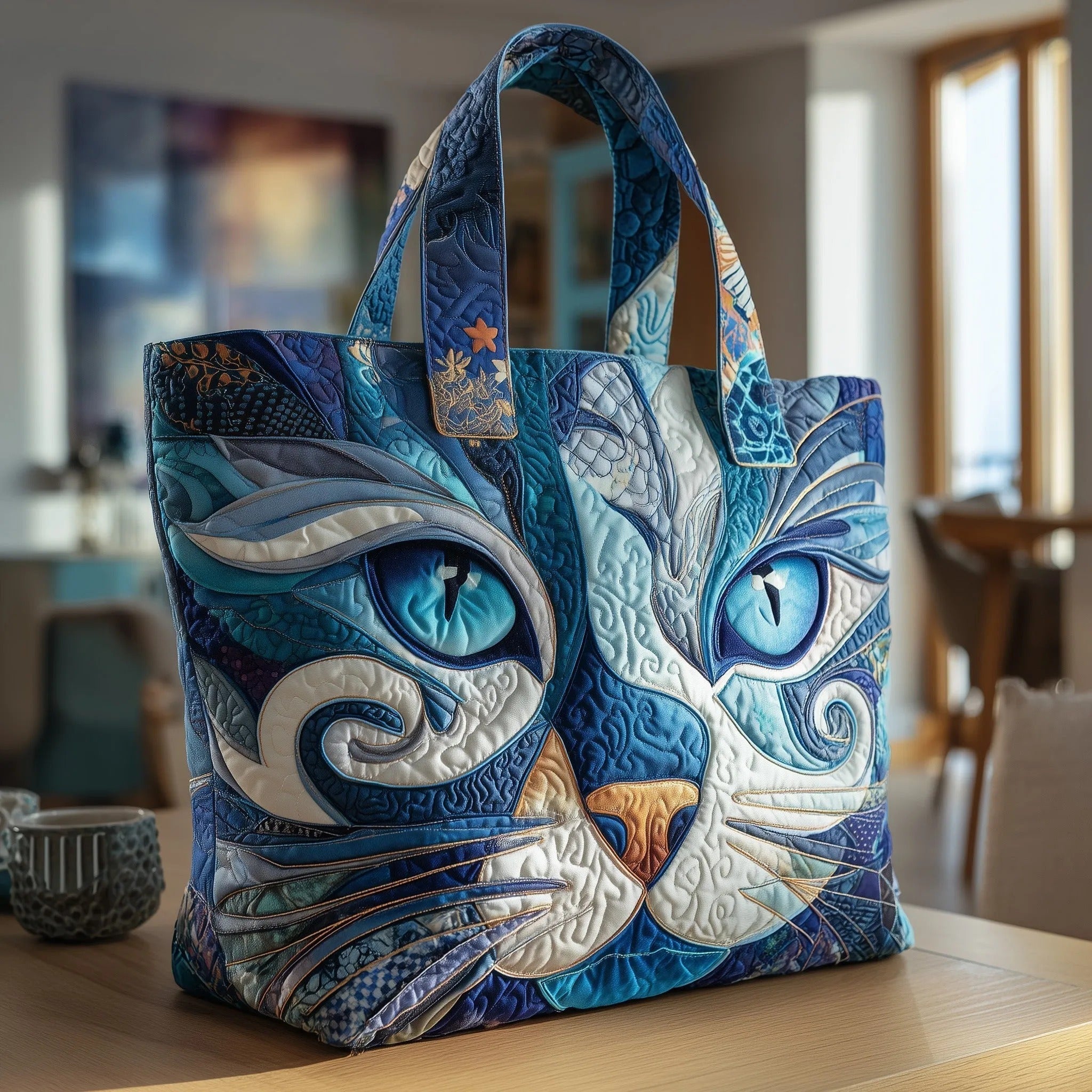 HANDTASCHE HANDGEFERTIGT - BLAUE KATZE